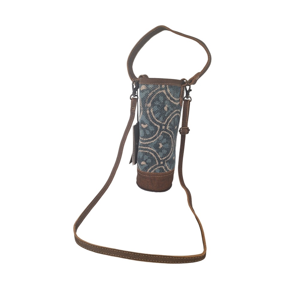 Myra Canvas Leather Wine Bottle Bag‎ Carrier Blue Brown White  Printed